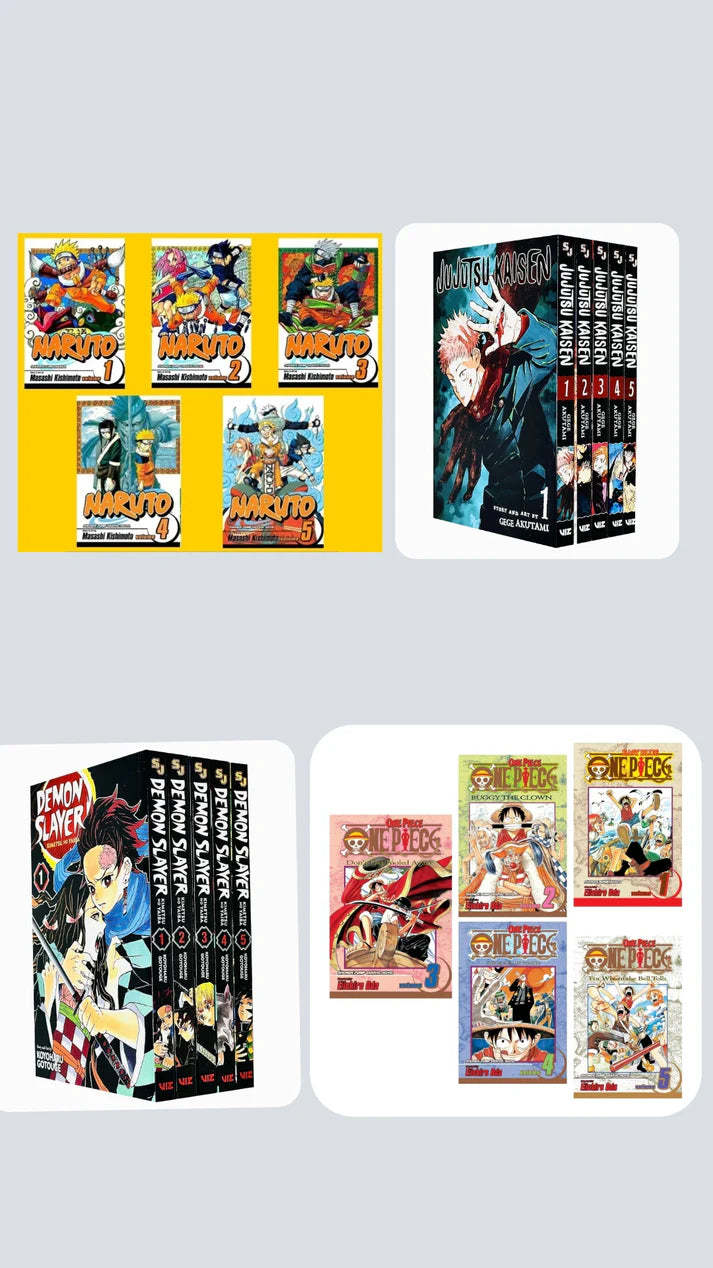 💥 Beginner’s Battle Bundle — Manga Set (Volumes 1–5) 💥 With Bonus Manga Wall Framed Poster! Demon Slayer 1-5 || Jujutsu Kaisen 1-5 || Naruto 1-5 || One Piece 1-5 ( COMBO )
