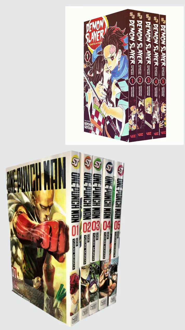 Action Hit Manga Bundle: Demon Slayer & One-Punch Man (Vol. 1-5 Each) 💥 With Bonus Manga Wall Framed Poster!